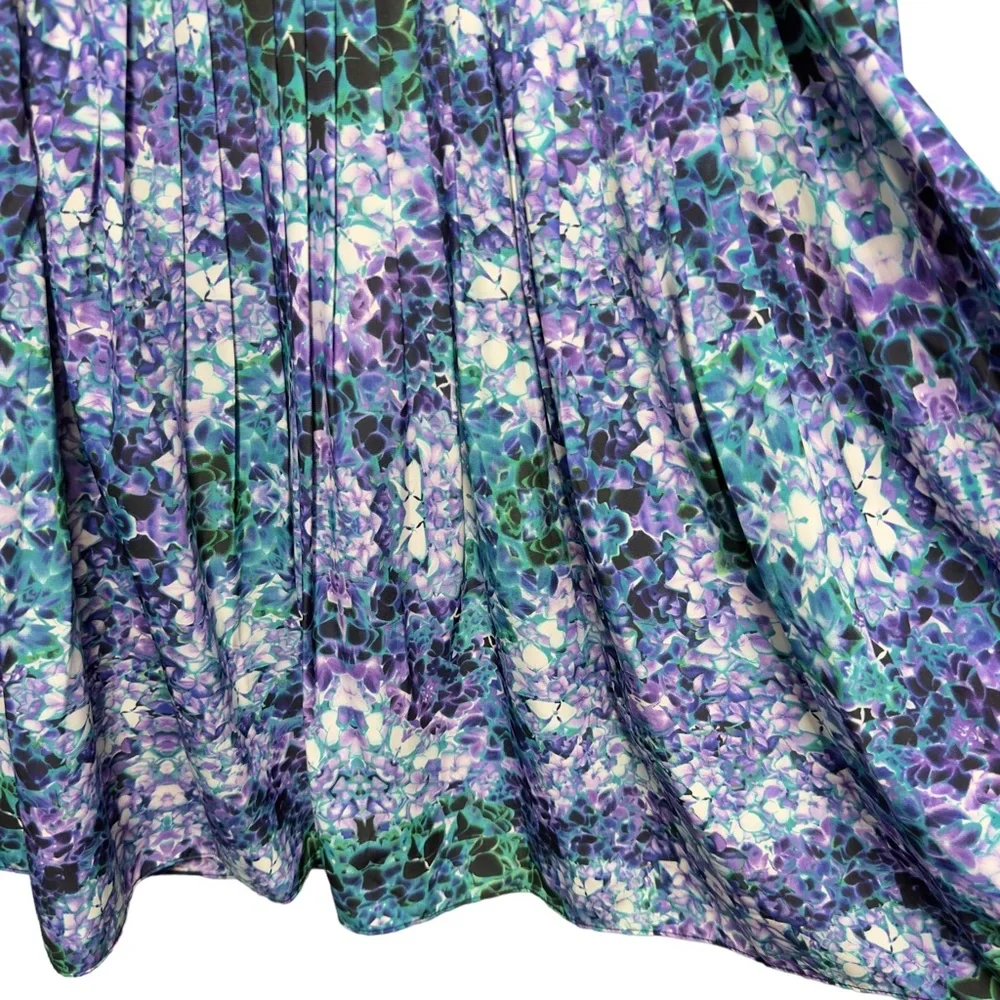 Silky Satin Matte Knit Watercolor Pleated Floral Full Flare Mini Skirt